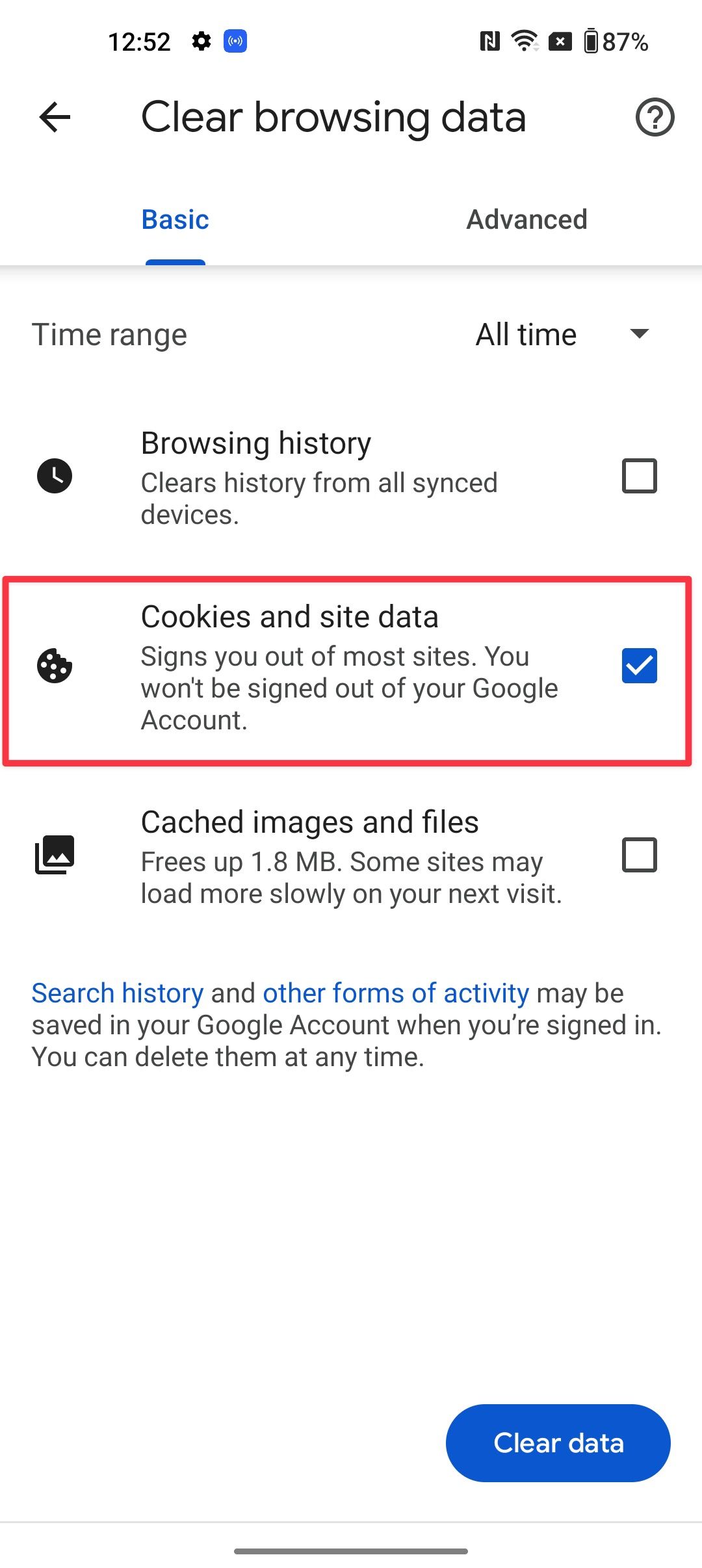 delete cookies on Android in Google Chrome 3a